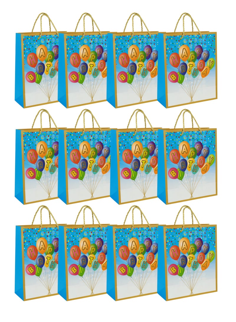 Toshionics Happy Birthday Gift Bags with Handles 12 Pcs – Small Party Favor Bags Bulk for Kids & Adults – Glossy Durable Cardboard Gift Bags for Birthdays, Baby Shower, Anniversary, Party Supplies – 18x10x23cm (Model EST-3338S) - Image 1