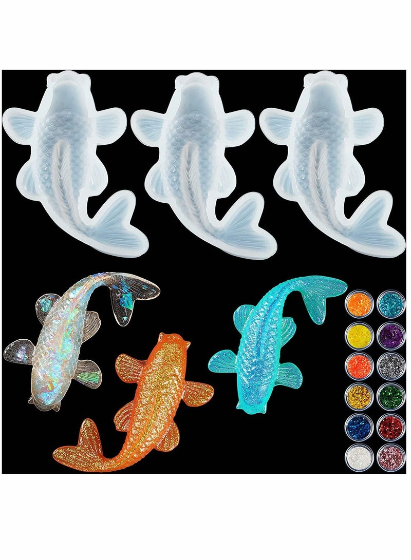 SYOSI Resin Casting Molds, Koi Fish Silicone Resin Moulds Koi Goldfish DIY Pendant Silicone Resin Mold Fish Fondant Mold with Twelve Color Sequins for DIY Pendant Charms Making Jewelry, 3 Pieces - Image 1