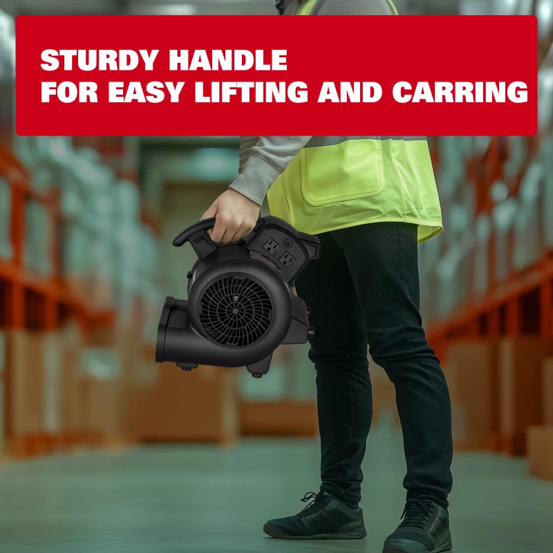 ECOMAX مروحة هواء، 950 CFM، مروحة أرضية، مجفف سجاد، مروحة نفخ، 3 سرعات، 3 زوايا نفخ، سلسلة دائرية، وظيفة توقيت، لاستعادة الأضرار الناتجة عن المياه، الفيضانات، السباكة، الصالة الرياضية والمنزل، EMAM1090A - Image 5
