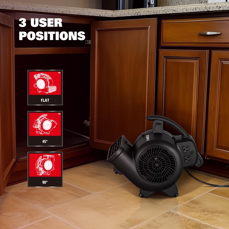 ECOMAX مروحة هواء، 950 CFM، مروحة أرضية، مجفف سجاد، مروحة نفخ، 3 سرعات، 3 زوايا نفخ، سلسلة دائرية، وظيفة توقيت، لاستعادة الأضرار الناتجة عن المياه، الفيضانات، السباكة، الصالة الرياضية والمنزل، EMAM1090A - Image 3
