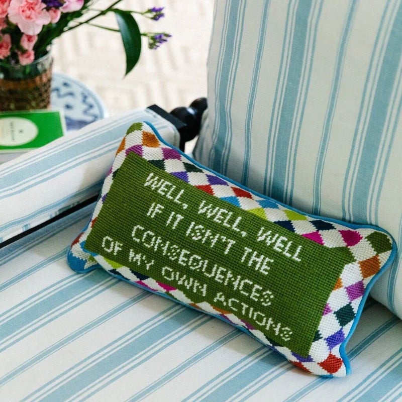 FURBISH Needlepoint Decorative Throw Pillow - Well Well Well - 8" x 14" - Small Embroidered Accent Pillow for Bed, Chair, Couch, Sofa - Eclectic Home Decor - Image 2