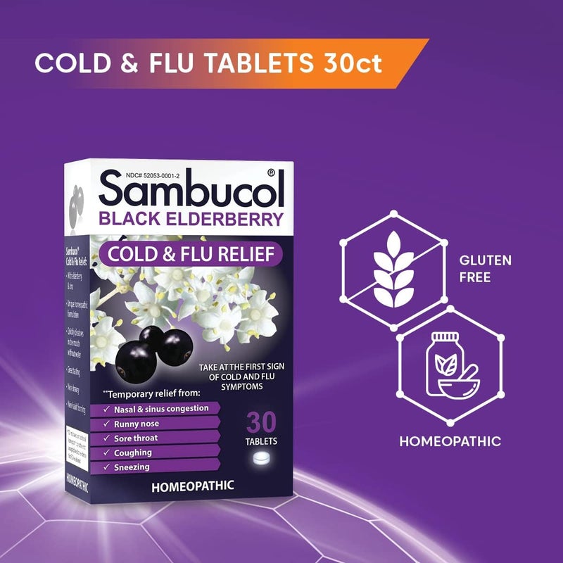 Sambucol Cold and Flu Relief Tablets Homeopathic Cold Medicine Cold Remedy for Adults Black Elderberry for Colds Zinc Cold Remedy 30 Count - Image 3