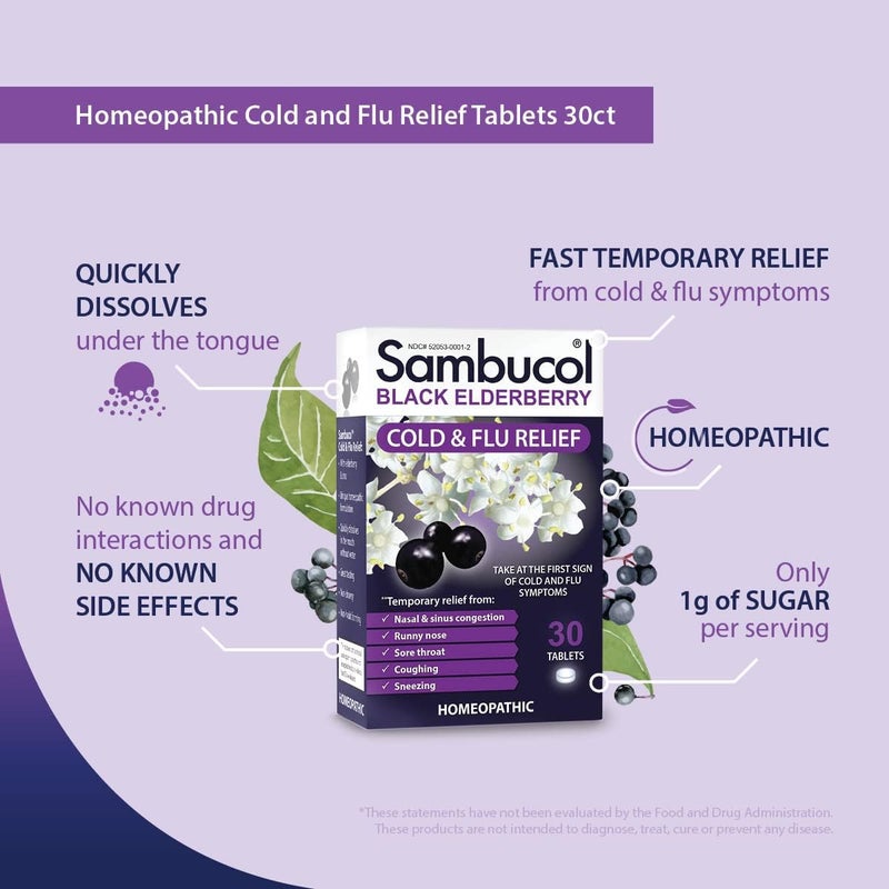 Sambucol Cold and Flu Relief Tablets Homeopathic Cold Medicine Cold Remedy for Adults Black Elderberry for Colds Zinc Cold Remedy 30 Count - Image 4