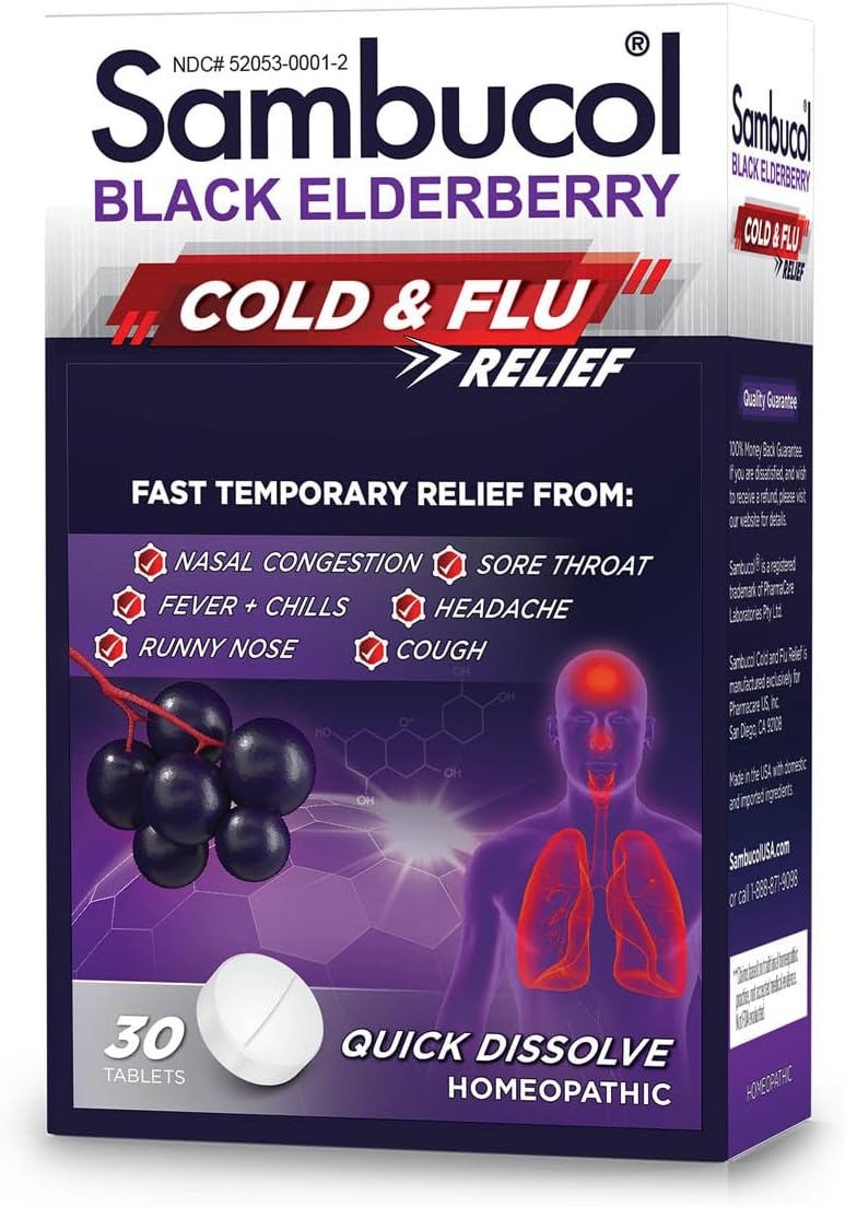 Sambucol Cold and Flu Relief Tablets Homeopathic Cold Medicine Cold Remedy for Adults Black Elderberry for Colds Zinc Cold Remedy 30 Count - Image 1