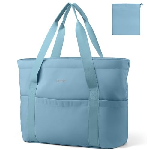 HOTOR Tote Bag for Women - Foldable Lightweight Tote Bags with Zipper, Large Shoulder Bag Top Handle Handbag Carry-On Bag for Travel, Shopping, Work, Light Blue, 19.7" x 6.7" x 13.8" - Image 1