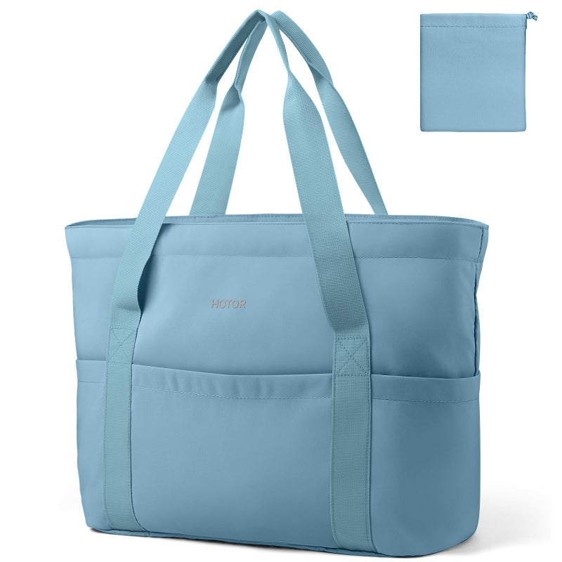 HOTOR Tote Bag for Women - Foldable Lightweight Tote Bags with Zipper, Large Shoulder Bag Top Handle Handbag Carry-On Bag for Travel, Shopping, Work, Light Blue, 19.7" x 6.7" x 13.8" - Image 4