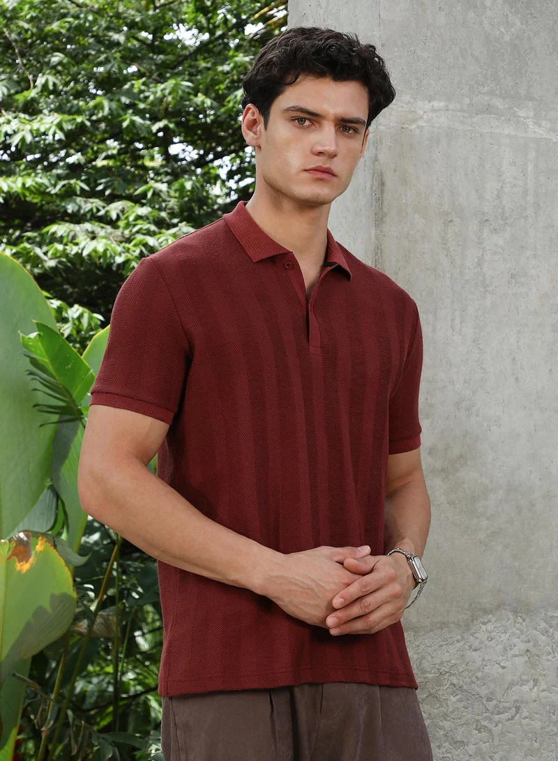 Campus Sutra Campus Sutra Men's Rust Red Candy Stripe-Knitted Polo T-Shirt For Casual Wear | Polo Neck | Short Cuffed Sleeves | Half-Button Closure | T-Shirt Crafted With Comfort Fit For Everyday Wear