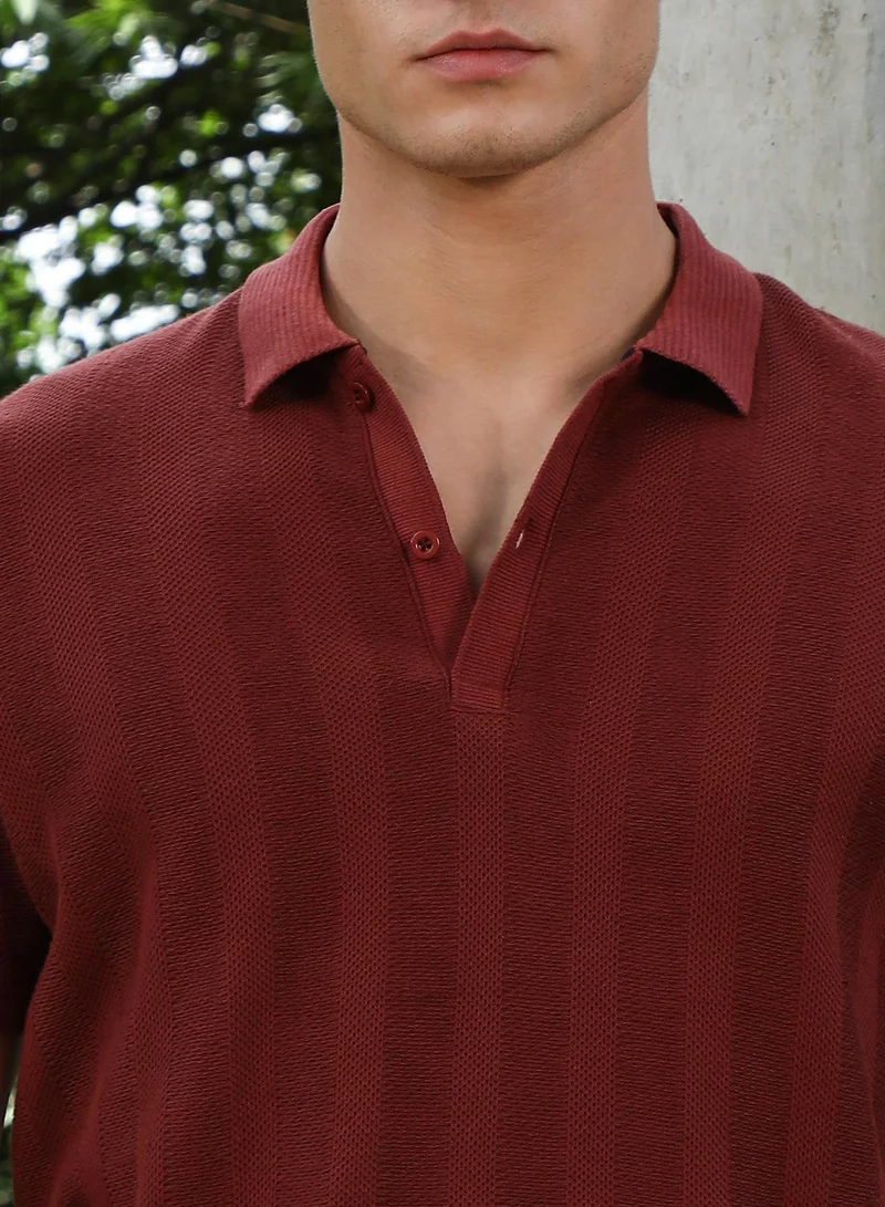 Campus Sutra Campus Sutra Men's Rust Red Candy Stripe-Knitted Polo T-Shirt For Casual Wear | Polo Neck | Short Cuffed Sleeves | Half-Button Closure | T-Shirt Crafted With Comfort Fit For Everyday Wear