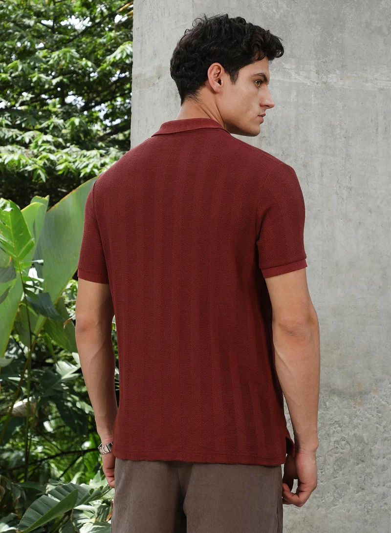 Campus Sutra Campus Sutra Men's Rust Red Candy Stripe-Knitted Polo T-Shirt For Casual Wear | Polo Neck | Short Cuffed Sleeves | Half-Button Closure | T-Shirt Crafted With Comfort Fit For Everyday Wear