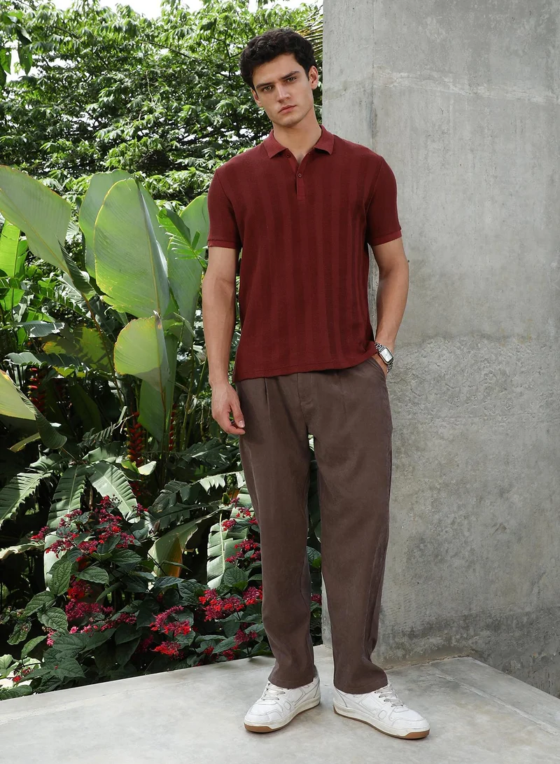 Campus Sutra Campus Sutra Men's Rust Red Candy Stripe-Knitted Polo T-Shirt For Casual Wear | Polo Neck | Short Cuffed Sleeves | Half-Button Closure | T-Shirt Crafted With Comfort Fit For Everyday Wear