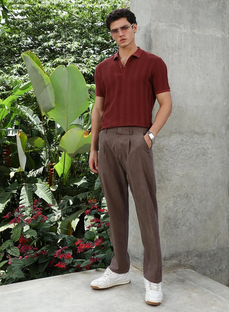 Campus Sutra Campus Sutra Men's Rust Red Candy Stripe-Knitted Polo T-Shirt For Casual Wear | Polo Neck | Short Cuffed Sleeves | Half-Button Closure | T-Shirt Crafted With Comfort Fit For Everyday Wear