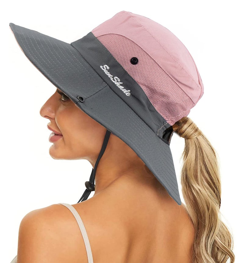 Pogah Women's Summer Sun-Hat Ponytail - Outdoor UV-Protection Mesh Wide Brim Foldable Hat with Ponytail Hole (Pink) - Image 1