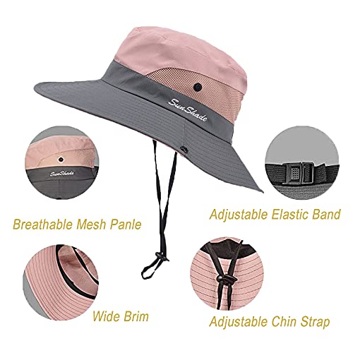 Pogah Women's Summer Sun-Hat Ponytail - Outdoor UV-Protection Mesh Wide Brim Foldable Hat with Ponytail Hole (Pink) - Image 3