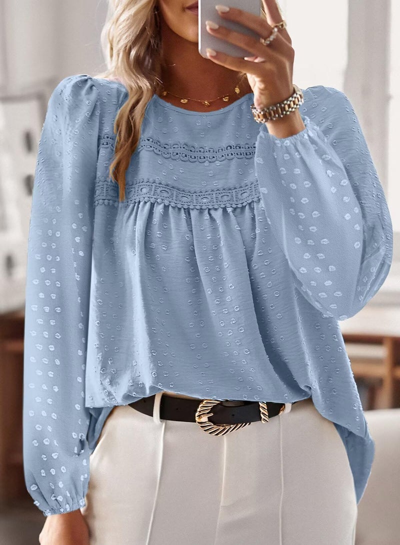Falechay Blue Tops Chiffon Flowy Swiss Dots Blouses for Women Cute Boho Pullover Round Neck Long Sleeve Loose Teacher Shirts 2026 XL - Image 4