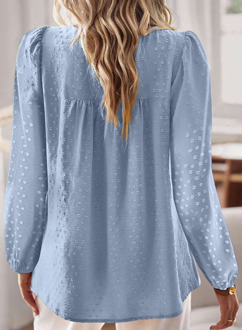 Falechay Blue Tops Chiffon Flowy Swiss Dots Blouses for Women Cute Boho Pullover Round Neck Long Sleeve Loose Teacher Shirts 2026 XL - Image 3