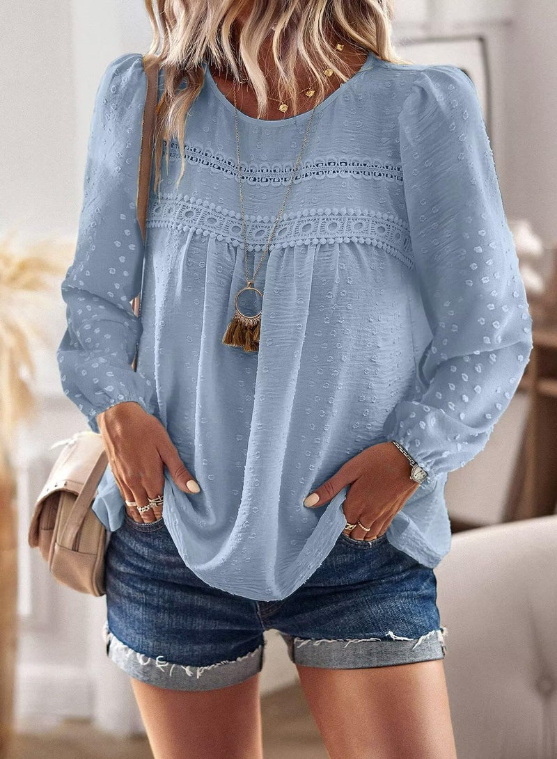 Falechay Blue Tops Chiffon Flowy Swiss Dots Blouses for Women Cute Boho Pullover Round Neck Long Sleeve Loose Teacher Shirts 2026 XL - Image 5