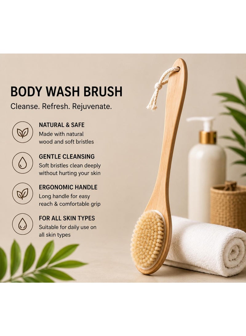 Shower Brush with Soft and Stiff Bristles, Exfoliating Skin and A Soft Scrub, Brush Head for Wet or Dry Brushing, Specially Long Wooden Handle Cleans The Body Easily - Image 2
