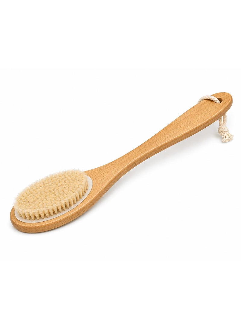 Shower Brush with Soft and Stiff Bristles, Exfoliating Skin and A Soft Scrub, Brush Head for Wet or Dry Brushing, Specially Long Wooden Handle Cleans The Body Easily - Image 1