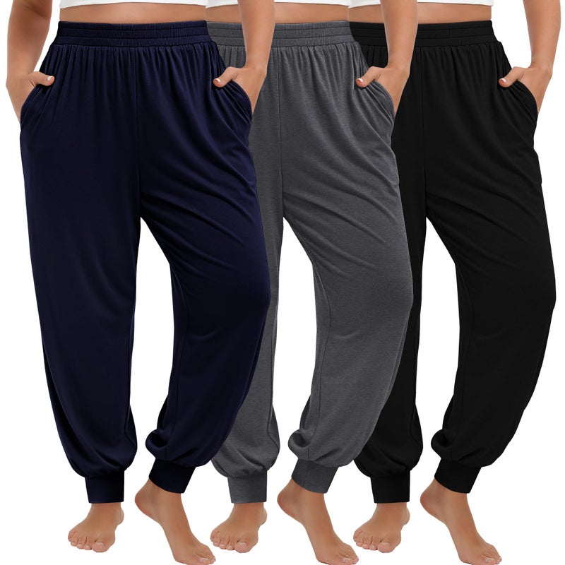 Evervibe 3 Pack Women's Plus Size Yoga Joggers, Comfy High Waisted Lounge Pants Loose Casual Sweatpants Pajama with Pockets(Navy, Dark Gray, Black,3X-Large) - Image 1