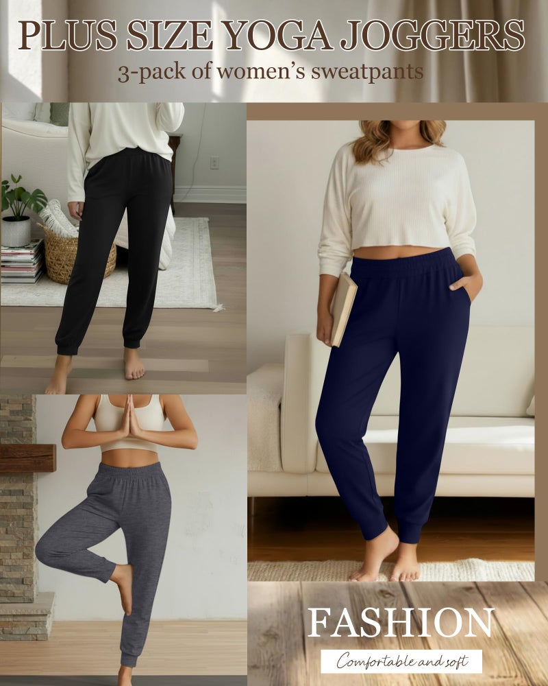 Evervibe 3 Pack Women's Plus Size Yoga Joggers, Comfy High Waisted Lounge Pants Loose Casual Sweatpants Pajama with Pockets(Navy, Dark Gray, Black,3X-Large) - Image 3