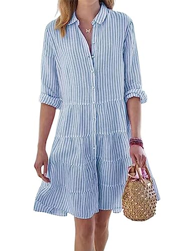 utcoco Womens Striped Button Down Midi Shirt Dress Casual Loose Cuffed Long Sleeve Mid Long Dresses (Small, Blue) - Image 1