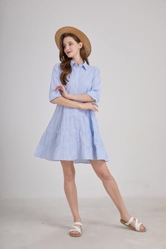 utcoco Womens Striped Button Down Midi Shirt Dress Casual Loose Cuffed Long Sleeve Mid Long Dresses (Small, Blue) - Image 3