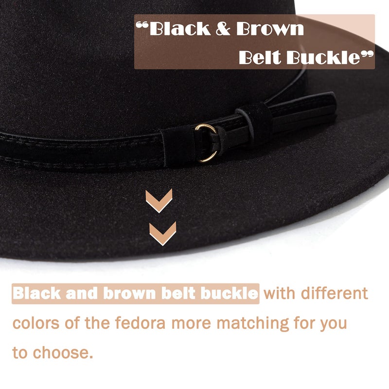 Lisianthus Men & Women Vintage Wide Brim Fedora Hat with Belt Buckle (B-Black, M; Hat Circumference: 56-58cm (for Women)) - Image 3