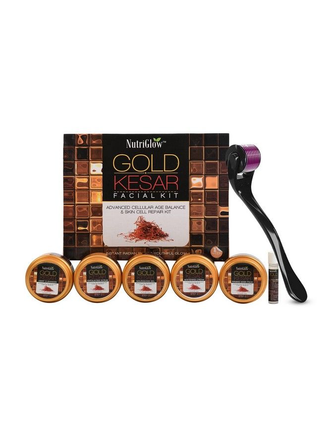 NUTRIGLOW Gold Kesar Facial Kit For Women For Glowing Skin 6Pieces Skin Care/Skin Cleanup Set With Derma Roller (250 Gram+10Ml) - Image 1