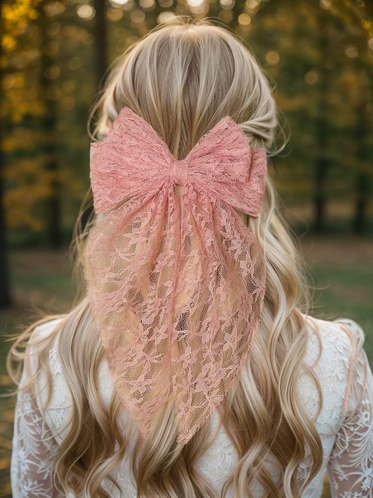 LFOUVRE Womens Hair Accessories - Lace Bow Clips, Large Bowknots with Long Tails, Barrettes in Black, Beige, and Pink - 3pcs Set - Image 3