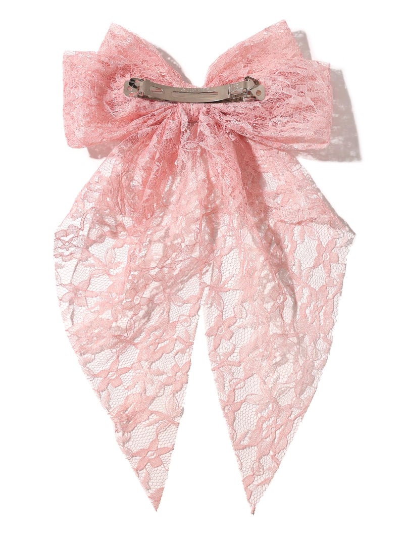 LFOUVRE Womens Hair Accessories - Lace Bow Clips, Large Bowknots with Long Tails, Barrettes in Black, Beige, and Pink - 3pcs Set - Image 5