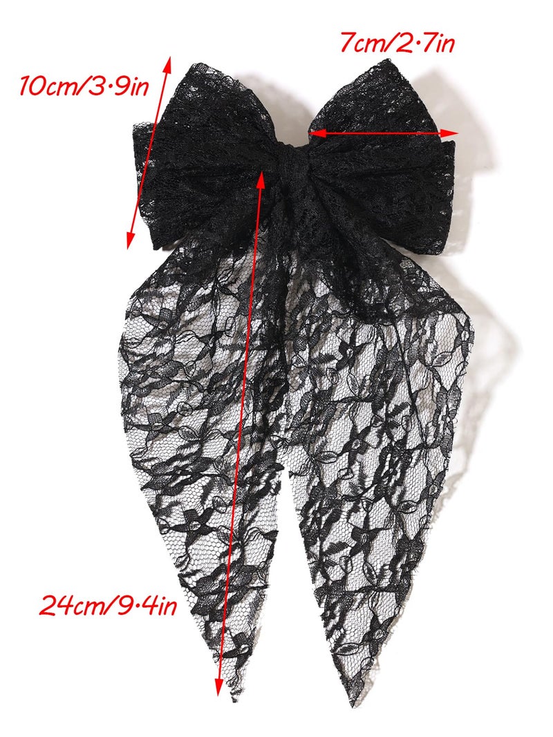LFOUVRE Womens Hair Accessories - Lace Bow Clips, Large Bowknots with Long Tails, Barrettes in Black, Beige, and Pink - 3pcs Set - Image 4