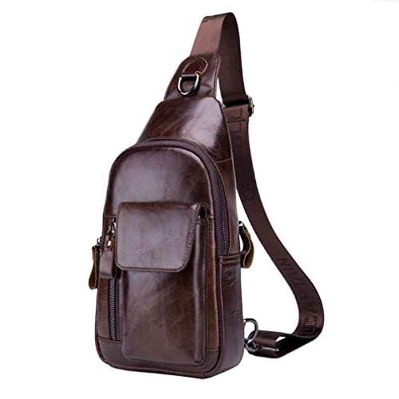 Hebetag Leather Sling Bag Hiking Daypack for Men Women Outdoor Travel Camping Fishing Crossbody Shoulder Chest Pack Backpack, Coffee - Image 1