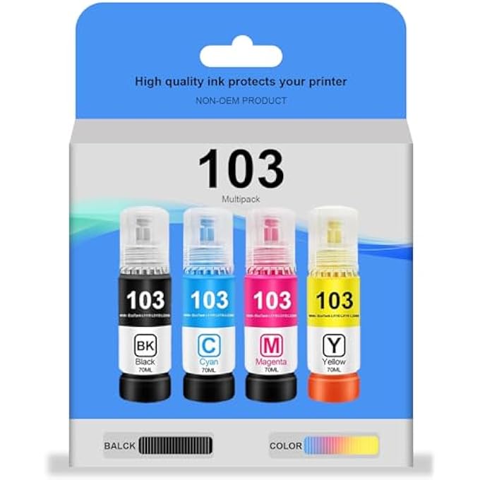 103 INK ECOTANK 4-COLOUR MULTIPACK FOR EPSON 103 INK COMBO SET BLACK CYAN MAGENTA YELLOW FOR ECOTANK L1110 L3110 L3111 L3150 L3151 L3156 L3160 PRINTER,PRINTS UP TO 8,000 PAGES(4-PACK) - Image 2