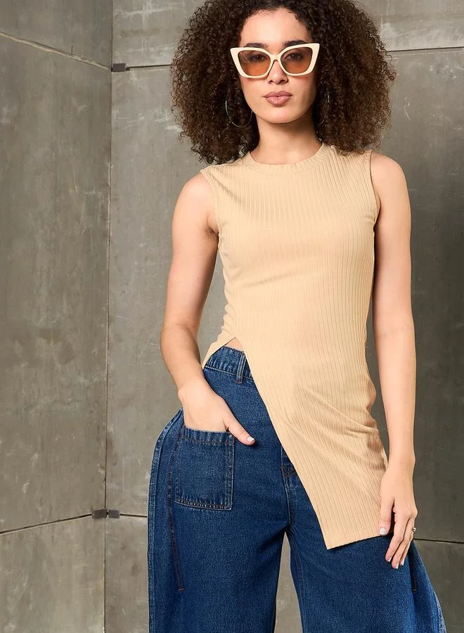 ساسافراس Sassafras Beige Ribbed Sleeveless Side Slit Top