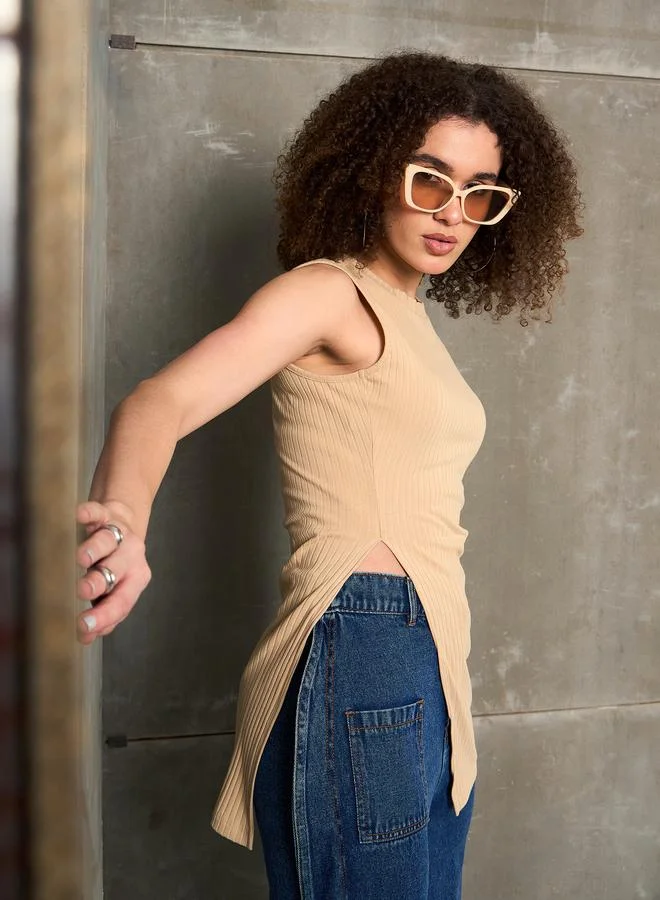 ساسافراس Sassafras Beige Ribbed Sleeveless Side Slit Top