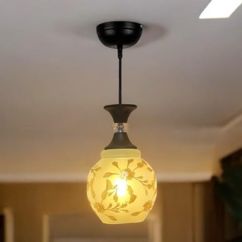 GreyWings Classic Glass Hanging Light for Living Room, Pendant Lamp, E27 Holder, Indoor Ceiling Light Fixture, Floral White Glass Shade, Home Decor Light,Pack of 1 - Image 1