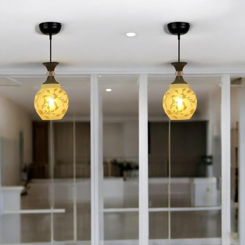 GreyWings Classic Glass Hanging Light for Living Room, Pendant Lamp, E27 Holder, Indoor Ceiling Light Fixture, Floral White Glass Shade, Home Decor Light,Pack of 1 - Image 5