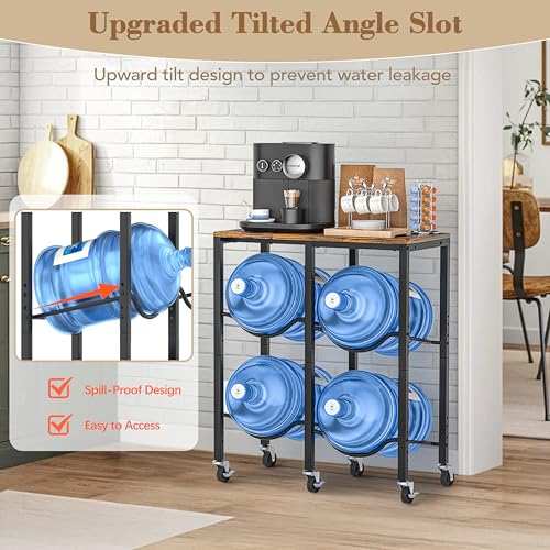 VINAEMO 5 Gallon Water Jug Holder, Rolling Water Jug Stand with Extended Wood Tabletop Shelf, 4 Slots 5 Gal Water Bottle Holder Storage Rack with Water Dispenser Stand for Home,Office,Garage Organizer - Image 3