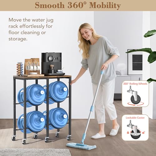 VINAEMO 5 Gallon Water Jug Holder, Rolling Water Jug Stand with Extended Wood Tabletop Shelf, 4 Slots 5 Gal Water Bottle Holder Storage Rack with Water Dispenser Stand for Home,Office,Garage Organizer - Image 2