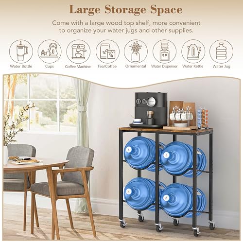 VINAEMO 5 Gallon Water Jug Holder, Rolling Water Jug Stand with Extended Wood Tabletop Shelf, 4 Slots 5 Gal Water Bottle Holder Storage Rack with Water Dispenser Stand for Home,Office,Garage Organizer - Image 4