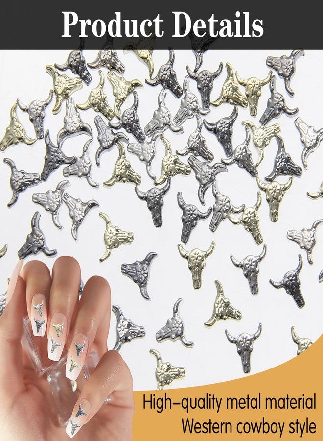 Yuanchu 60Pcs Bull Head Charms, Retro Metal Alloy Nail Art Accessories For Halloween Decor, DIY Crafts With Gold Silver Black Mixed Color Designs - Image 3