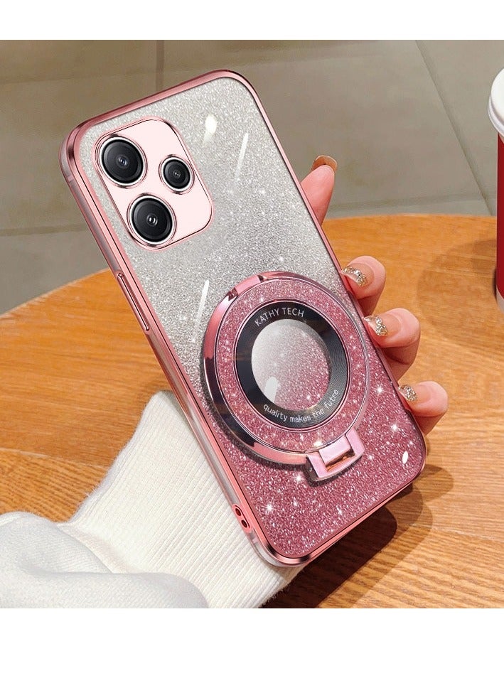 جراب هاتف دائري من مادة TPU بحامل لامع متدرج مطلي لهاتف Xiaomi Poco X5 (وردي)