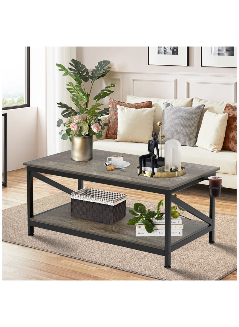 Chulovs Coffee Table with Storage Shelft and 2 Tier Storage Shelf, Wooden Furniture, Dining Table for Home Living Room, Office, Desktop with Storage Shelf Modern Design Home Furniture, 100x55cm  - Image 2