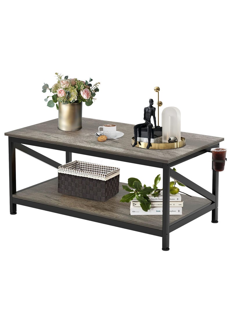 Chulovs Coffee Table with Storage Shelft and 2 Tier Storage Shelf, Wooden Furniture, Dining Table for Home Living Room, Office, Desktop with Storage Shelf Modern Design Home Furniture, 100x55cm  - Image 1