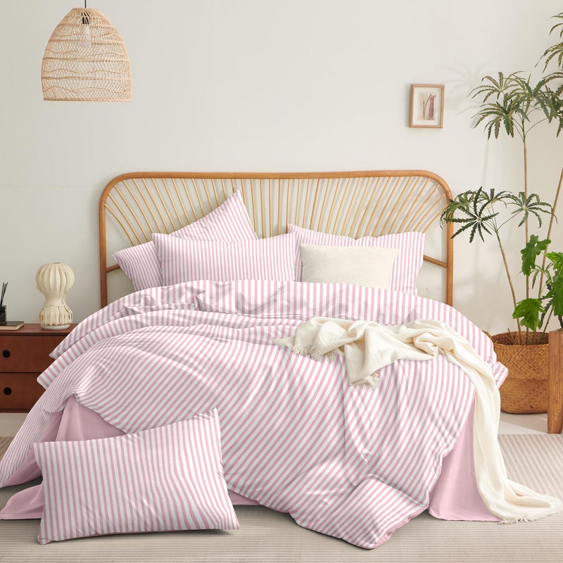 Nayoroom Pink Striped Duvet Cover Queen Size White Stripe Duvet Cover Dorm Bedding Set 3 Pieces Soft Lightweight Washed Microfiber Farmhouse Bedding Set Gifts for Women Men - Image 4