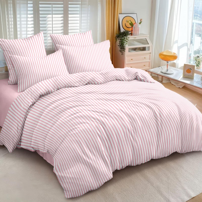 Nayoroom Pink Striped Duvet Cover Queen Size White Stripe Duvet Cover Dorm Bedding Set 3 Pieces Soft Lightweight Washed Microfiber Farmhouse Bedding Set Gifts for Women Men - Image 2