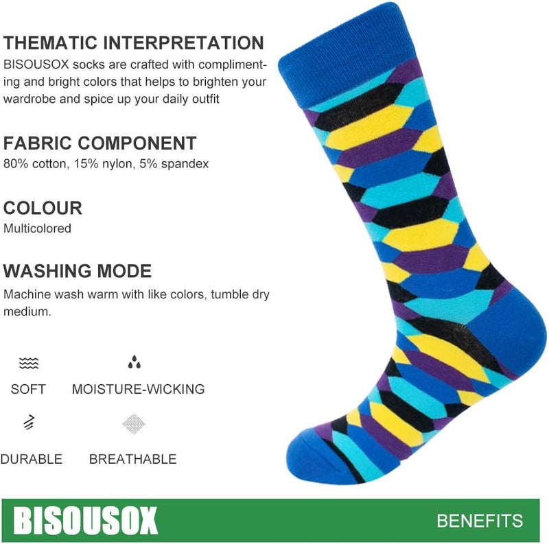 BISOUSOX Mens Dress Socks Funny Fun Colorful Crazy Funky Crew Socks for Men Novelty Happy Cotton Size 9-12 - Image 3