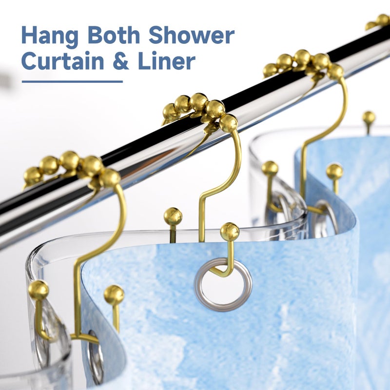 Titanker Gold Shower Curtain Hooks Rings, Rust-Resistant Metal Double Glide Shower Hooks Rings for Bathroom Shower Curtains Rods, Set of 12 Hooks - Light Gold - Image 2
