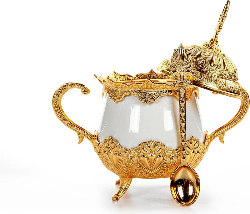 İhvan Online Ihvan Online Luxury Porcelain Sugar Bowl with Lid and Spoon Turkish Delight Bowl Silver Gold