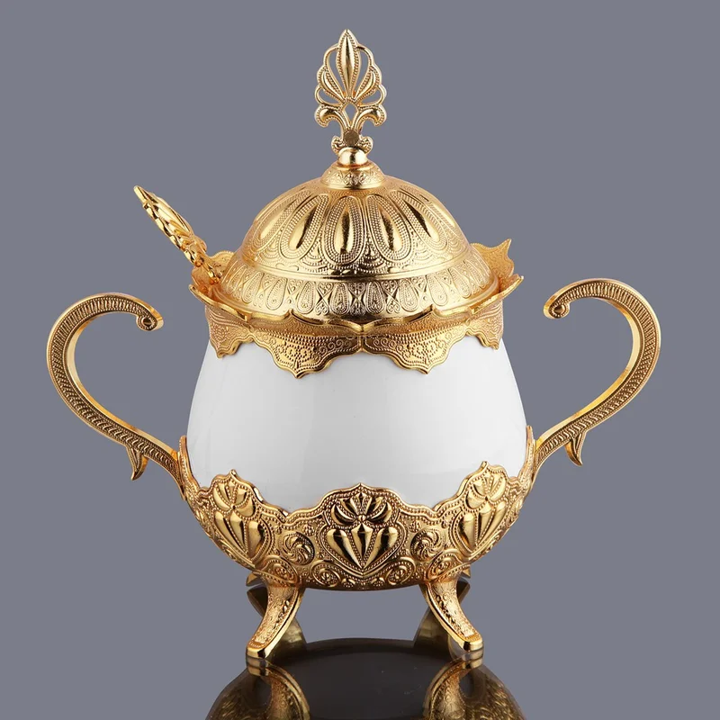 İhvan Online Ihvan Online Luxury Porcelain Sugar Bowl with Lid and Spoon Turkish Delight Bowl Silver Gold